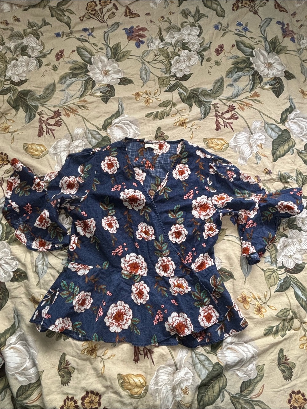 Navy Floral Ruffle Peplum Blouse